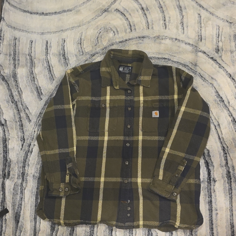 Carhartt Olive Colored Thick Flannel Shirt-size Xl In Women's. It Says 16/18